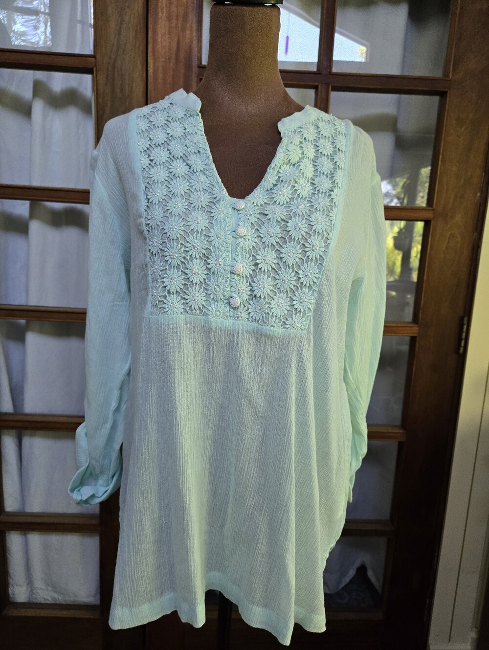 Light Mint Crochet Yoke Women's Tunic Top